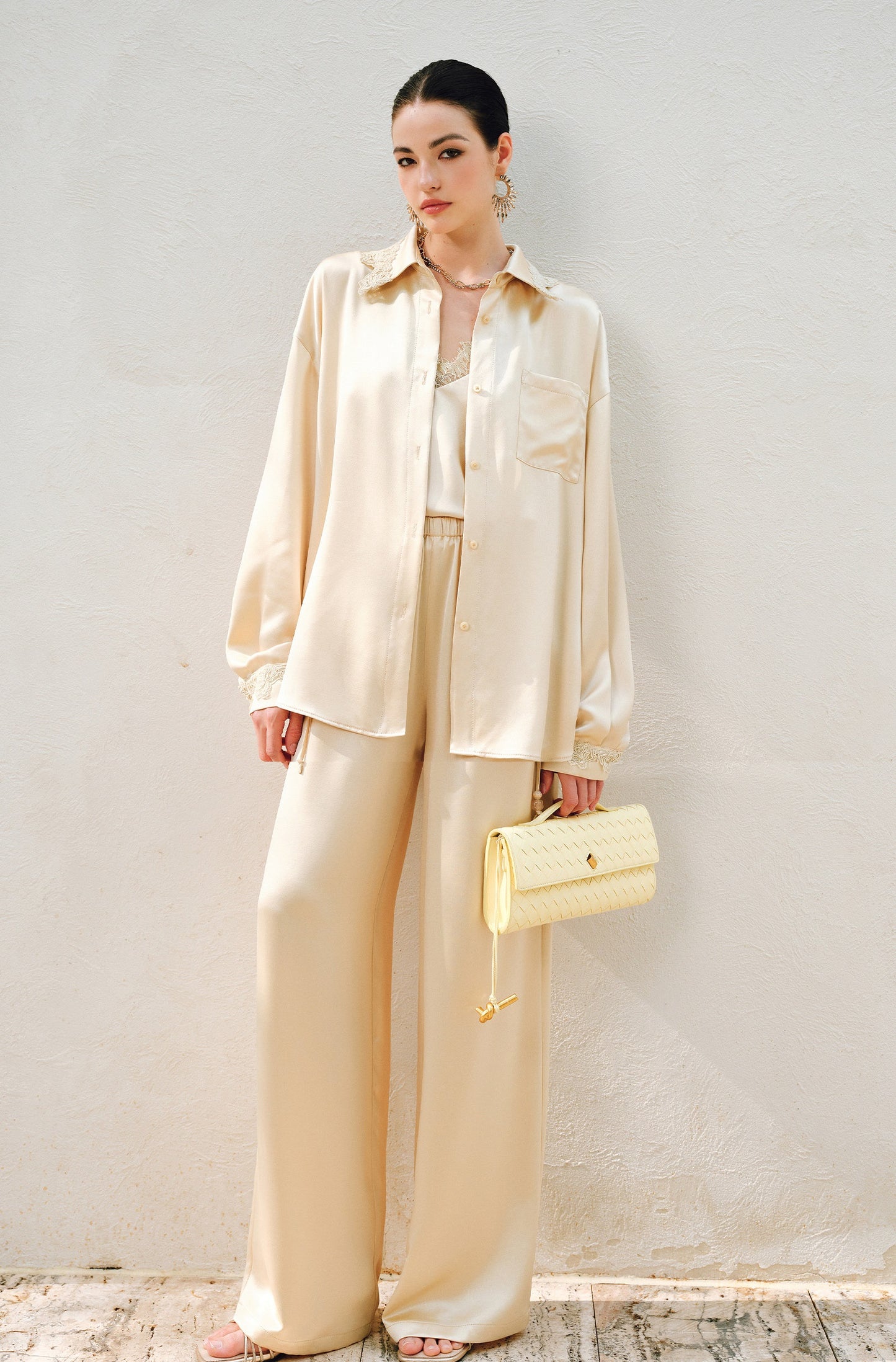 WANGXO | Hemp-Textured Acetate Satin  ight Luxury Lace Suspender, Shirt & Trousers Three-Piece Set- SARI