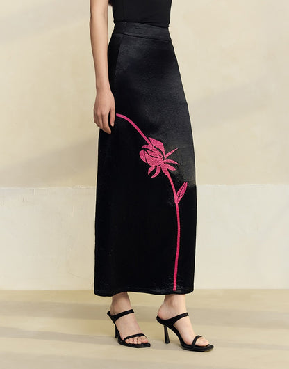 HECO 100% acetate rose embroidery texture black white skirt women - lifted.