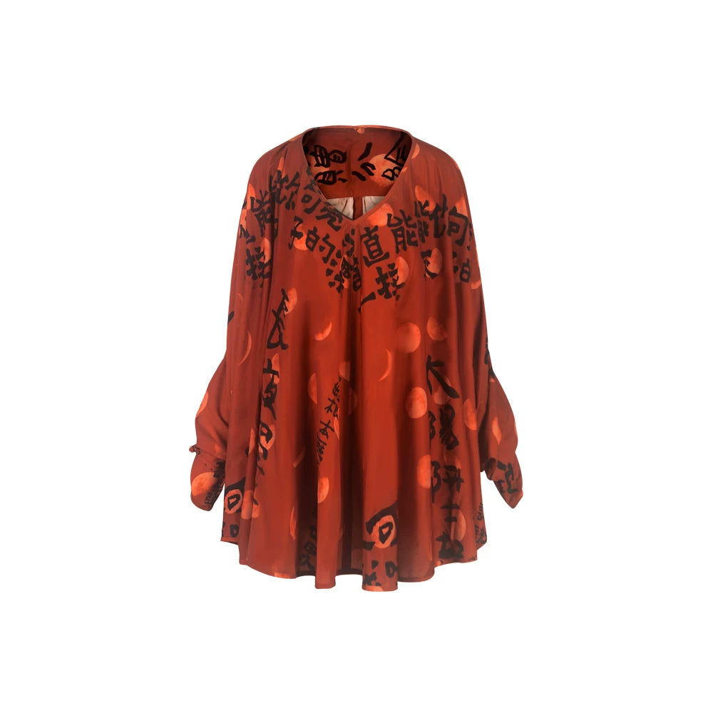 TUYUE Art Print Disc Buckle V-Neck Chiffon Loose Top-DAWN