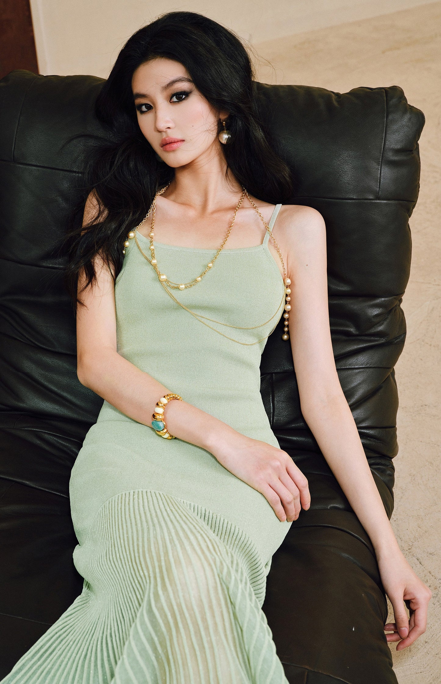 WANGXO | High-Quality Linen Tulle Temperament Suspender Fishtail Dress-LÉYA.
