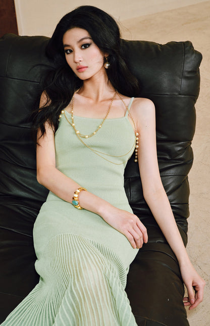 WANGXO | High-Quality Linen Tulle Temperament Suspender Fishtail Dress-LÉYA.