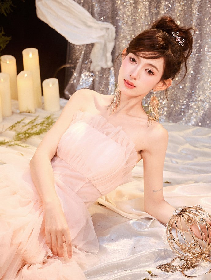 DOLLY Luxury Peach Pink French Style Tube Top Sleeveless High Waist Prom Dress-PEACHES