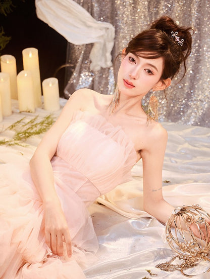 DOLLY Luxury Peach Pink French Style Tube Top Sleeveless High Waist Prom Dress-PEACHES