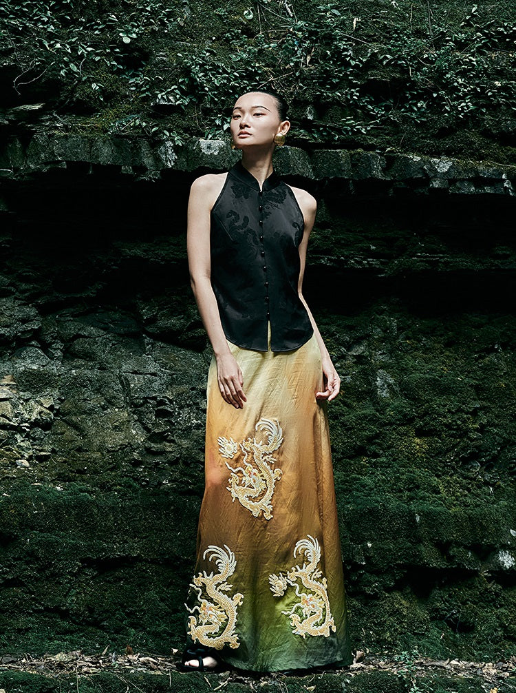 HECO Chinese blended gradient golden dragon embroidered straight skirt - RELY.