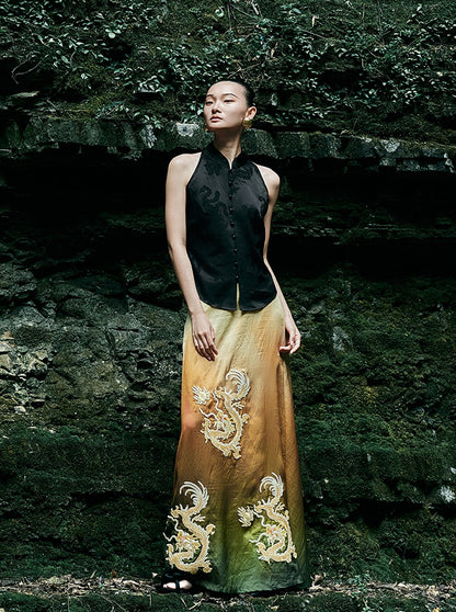 HECO Chinese blended gradient golden dragon embroidered straight skirt - RELY.