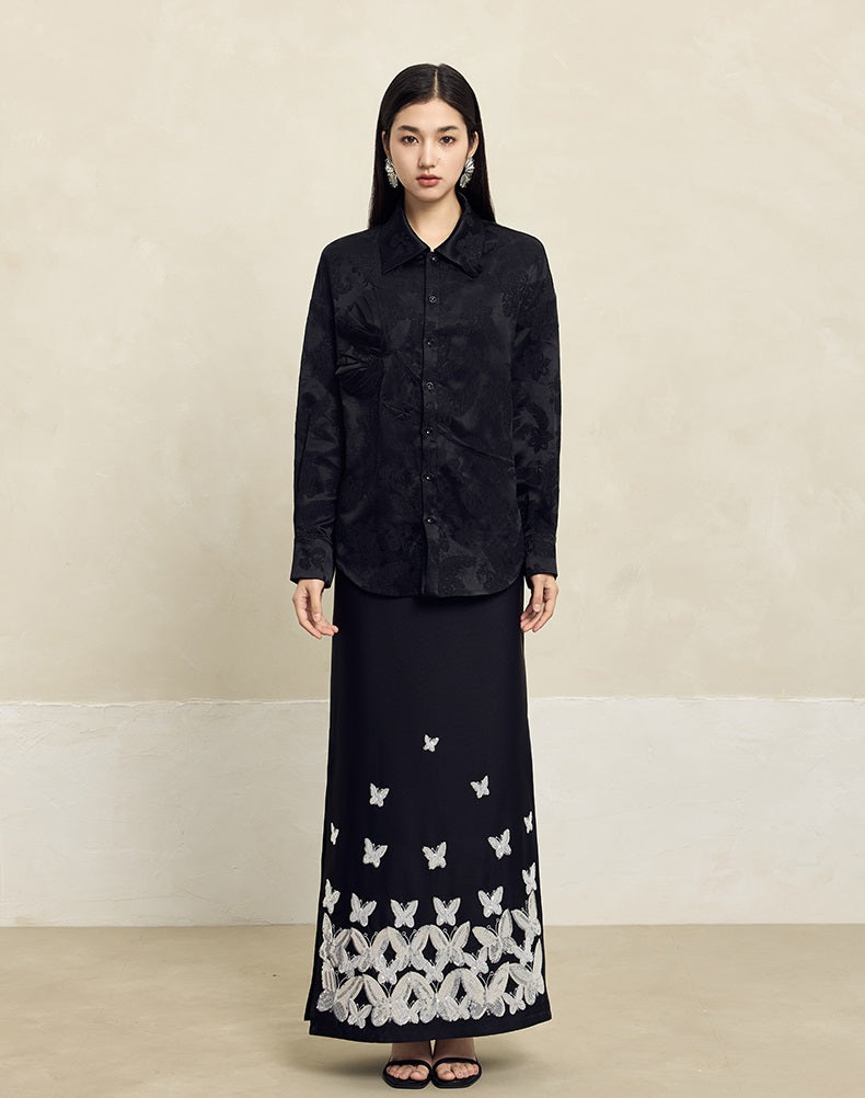 HECO Butterfly Embroidery black white High-waisted Straight Skirt Women - CODE.