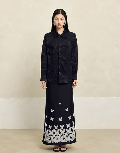 HECO Butterfly Embroidery black white High-waisted Straight Skirt Women - CODE.