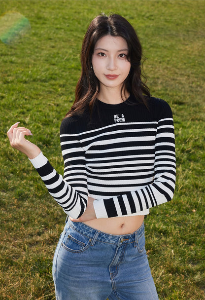 YES BY YESIR  black and white striped short woolen knit top - PROJECT.