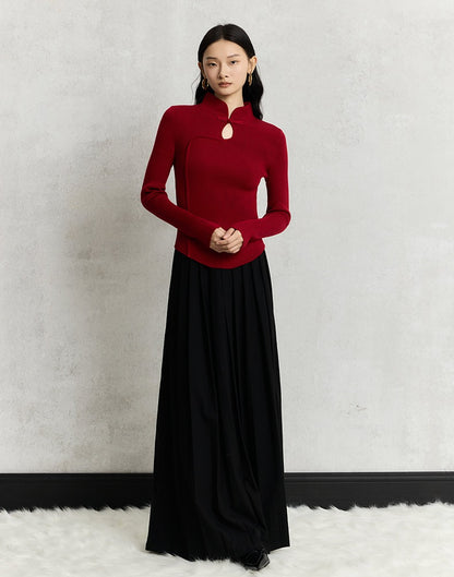 HECO Cheongsam Collar Hollow Buckle red black apricot Knitwear Slim Bottom - whom.