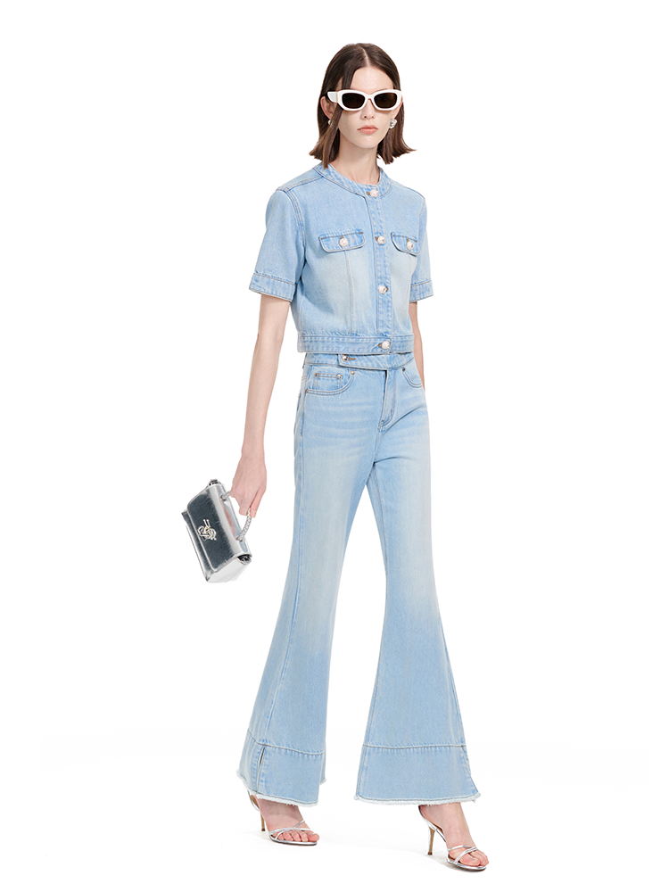 YES BY YESIR Ye Qian  Short Stand-Up Collar Denim Jacket Set -VESPERA.