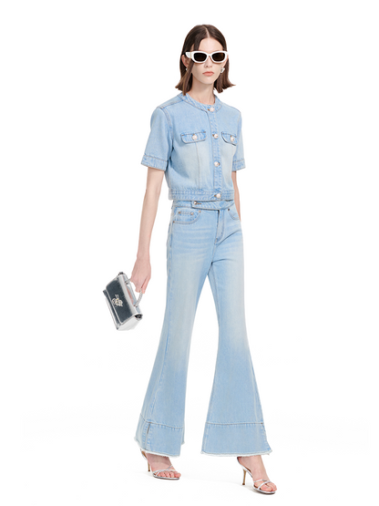 YES BY YESIR Ye Qian  Short Stand-Up Collar Denim Jacket Set -VESPERA.