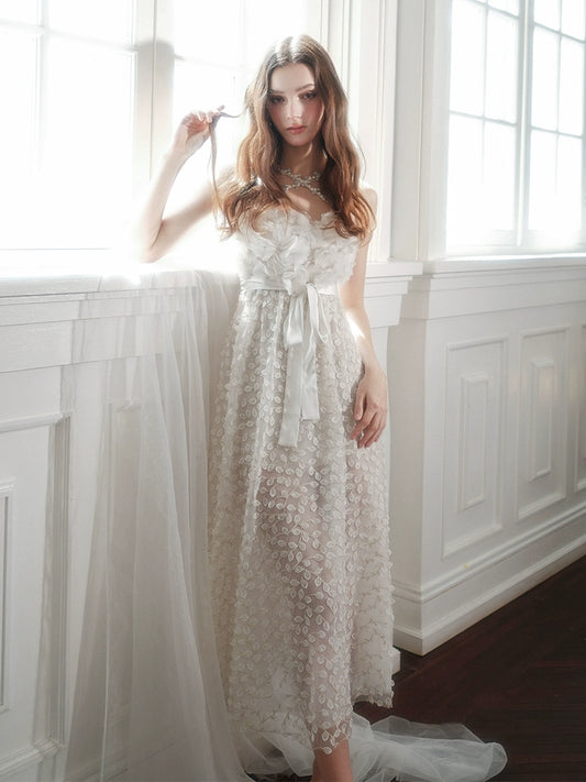 Wardrobes by Chen Luxury White Diamond Chain Halter Floral Long Dress-Floxe