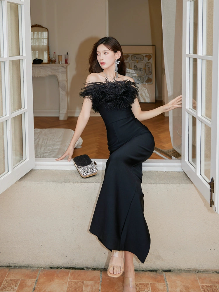 DOLLY Elegant Black Off Shoulder Feather Tube Top Long Slim Fit Dinner Dress-LILIAN