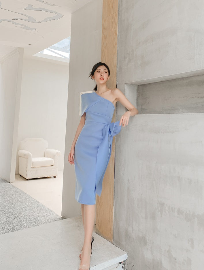 DOLLY Elegant French Style Slant Collar Sleeveless High Waist Midi Dress-QUINNE