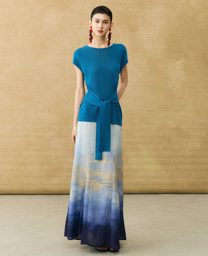 HECO Chinese Slimming Waist Linen Knit Breathable Crew Neck T-Shirt - INDIGO.