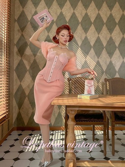 Le Palais  Peach Pie Slim Coat + Skirt Peach Pink Suit-PALM