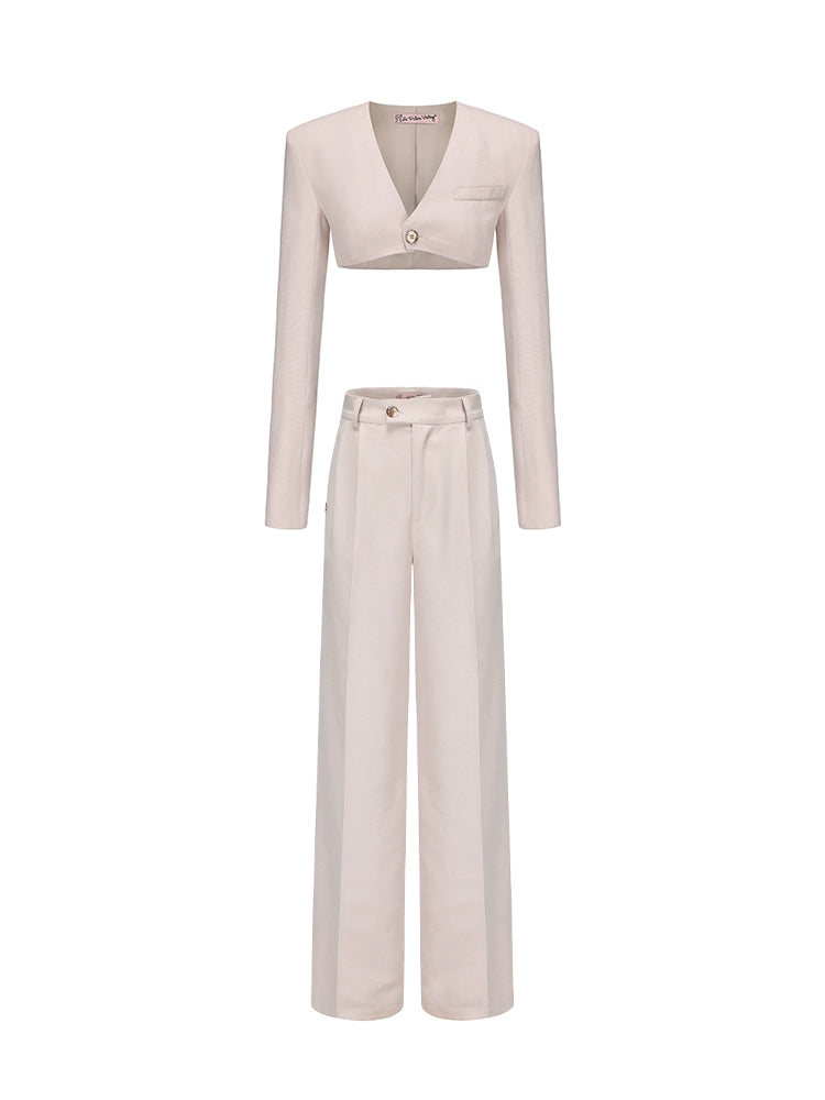 Le Palais Vintage Elegant Off-White Crop Jacket + High Waist Wide-leg Pants-MARY.