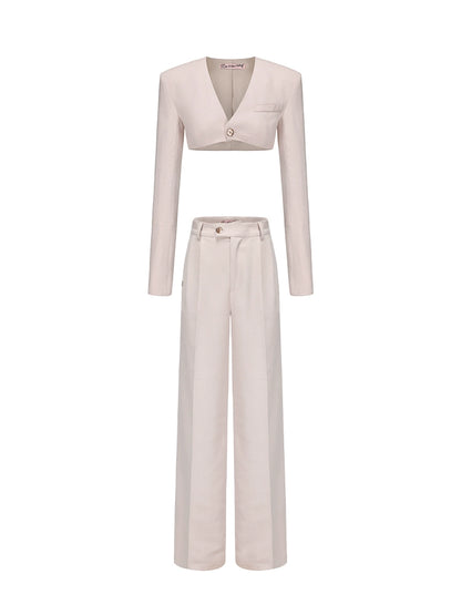 Le Palais Vintage Elegant Off-White Crop Jacket + High Waist Wide-leg Pants-MARY.