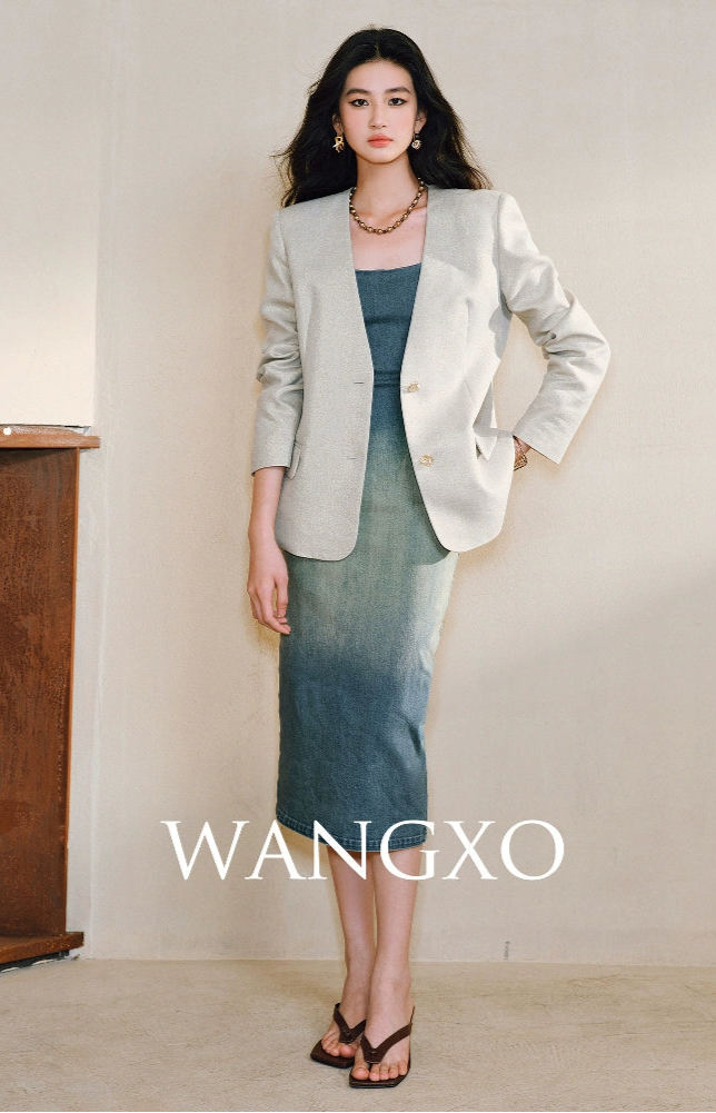 WANGXO | Shu Rou Denim Sand-Fried U-Neck Waist Vest Dress - NOOR