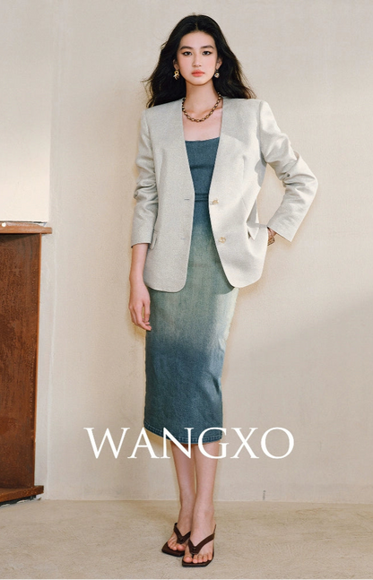 WANGXO | Shu Rou Denim Sand-Fried U-Neck Waist Vest Dress - NOOR