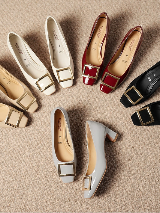 PJJUU thick metal square buckle high heels - VALLENT.