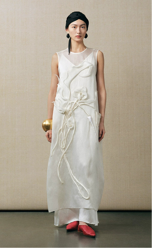 ZHUCHONGYUN white crewneck sleeveless satin dress-AIZEN.