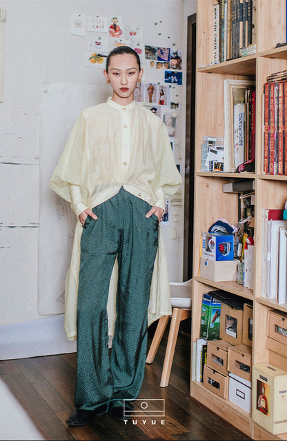 TUYUE Dark Green Satin Woven Elastic Waist Straight Casual Pants- RUBY.
