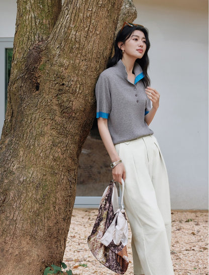 SUSHE Fengyu linen texture floral yarn sleeve polo lapel knit sweater-AVA