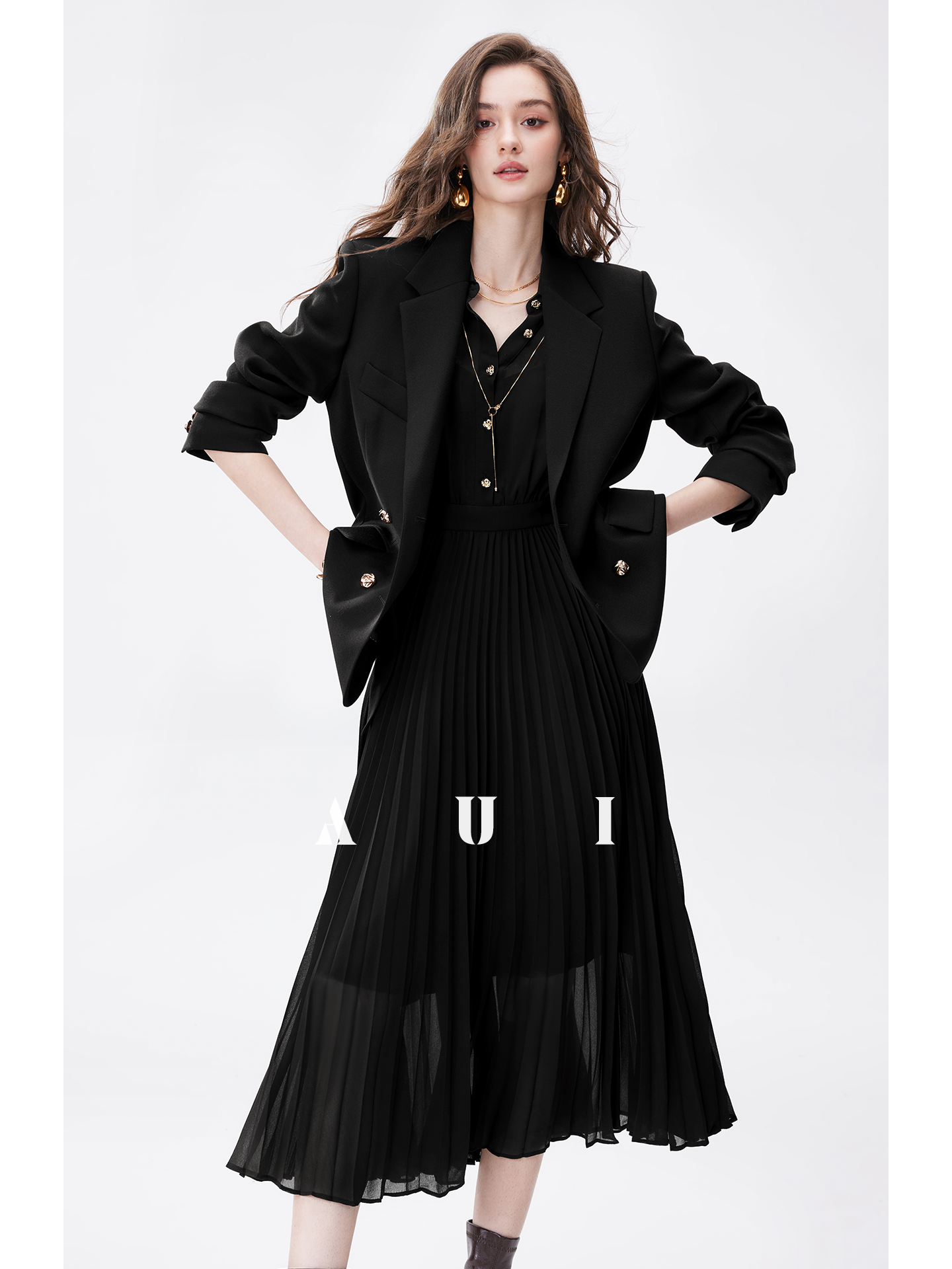 AUI Black Professional Temperament Chiffon Shirt Puff Sleeve Slim Polo Dress - Ha-rin.