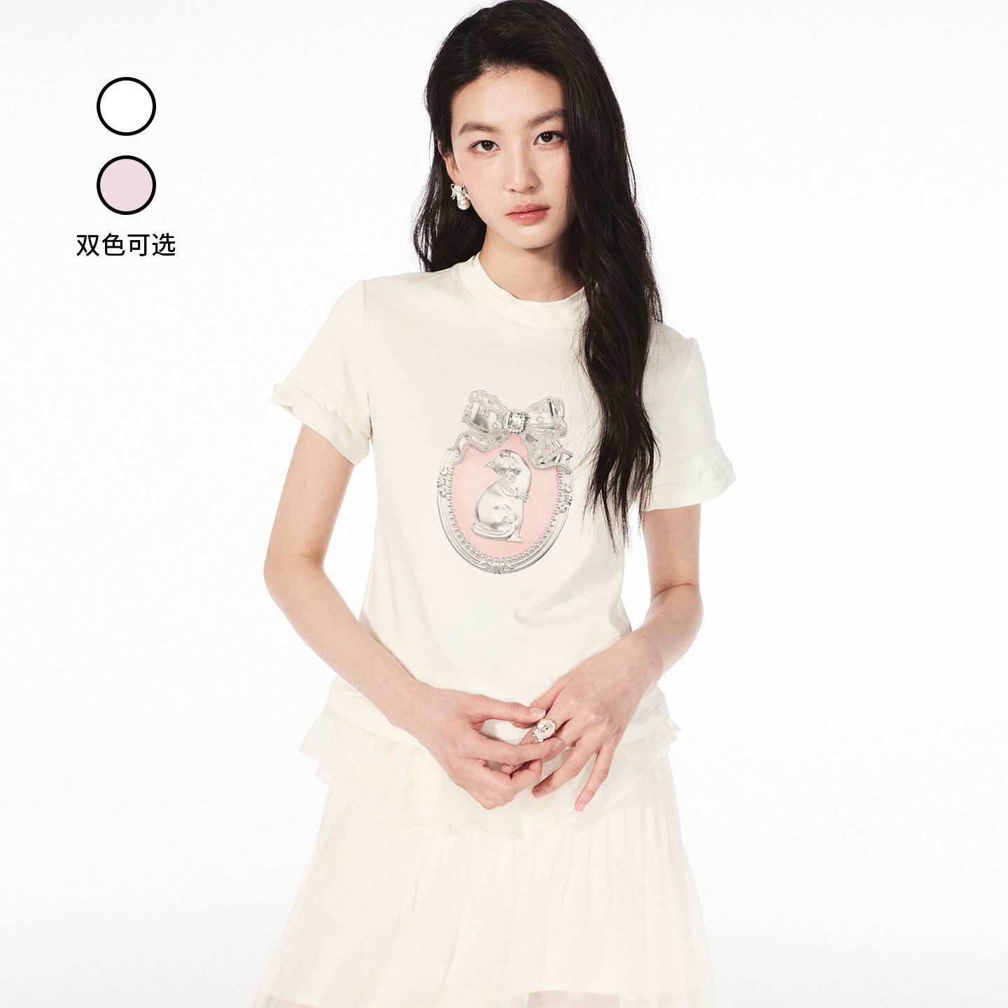 FAME crew neck faux two-piece cat print short-sleeved T-shirt - ALAN