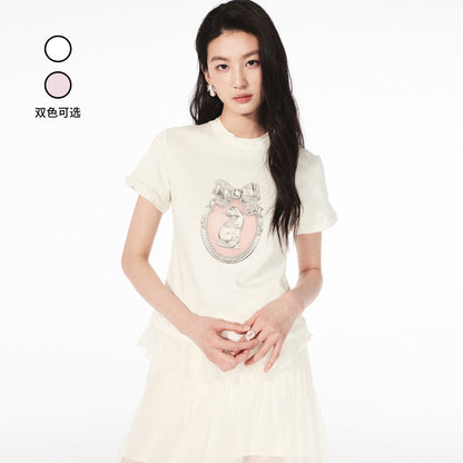 FAME crew neck faux two-piece cat print short-sleeved T-shirt - ALAN