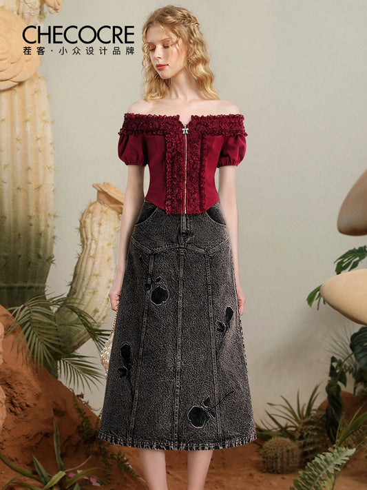 CHECOCRE summer new one-shoulder lace knit top embroidered rose denim suit skirt - HEART.