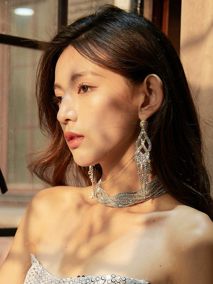 DOLLY Elegant Full Diamond Sliver Tassel Earring-IU