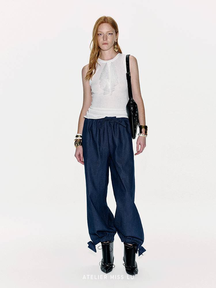 ATELIER MISS LU lace-embellished lightweight knitted short-sleeved vest - GLACIOUS.