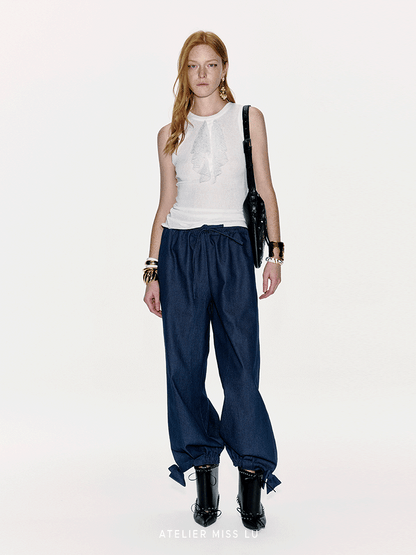 ATELIER MISS LU lace-embellished lightweight knitted short-sleeved vest - GLACIOUS.