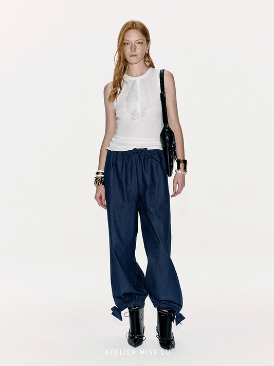 ATELIER MISS LU lace-embellished lightweight knitted short-sleeved vest - GLACIOUS.
