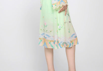 Magic Q green fruit collar lace panel hand-painted seawater print long sleeves out-worn dress sets