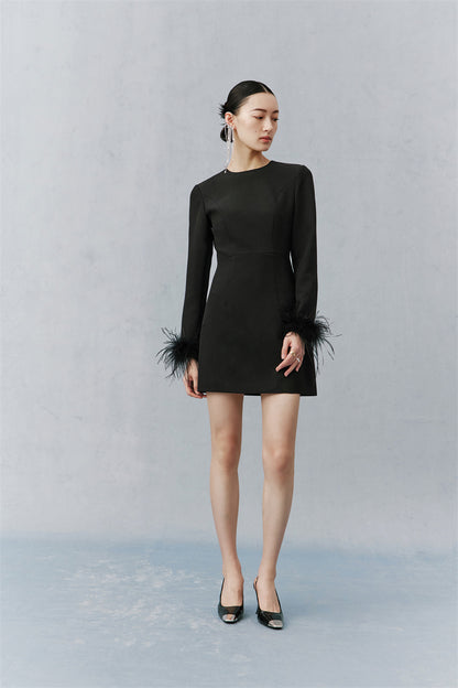 PURITY  Elegant Modern Feathers minimalist long-sleeved little black dress- Dennie