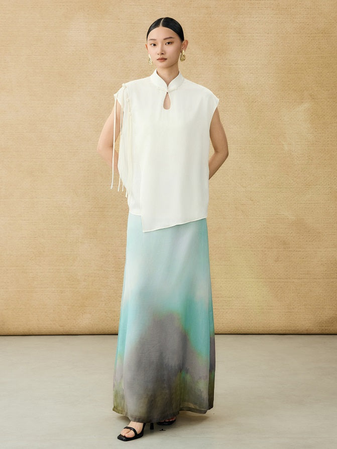 HECO Chinese Peony Buckle Short Sleeve Acetate Tassel Top - TEACH .