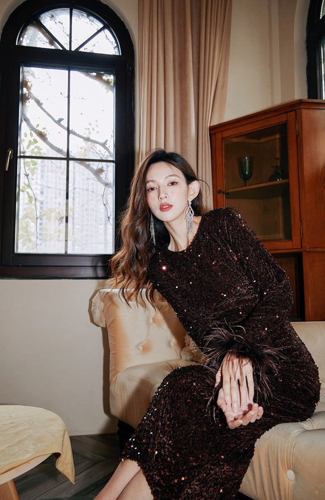 DOLLY Elegant Retro Style Crew Neck Long Sleeve Sequin Long Banquet Dress-TANIA