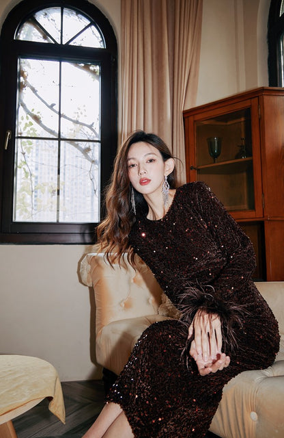 DOLLY Elegant Retro Style Crew Neck Long Sleeve Sequin Long Banquet Dress-TANIA