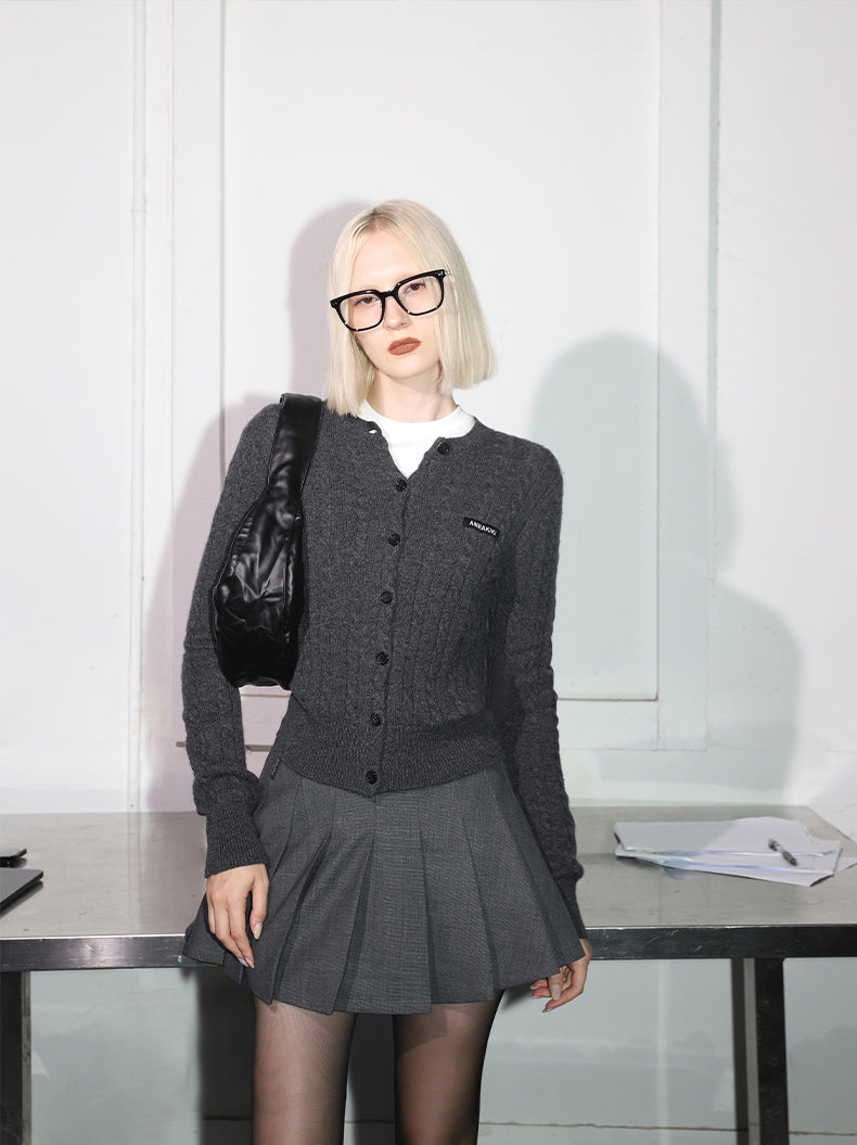 ANNAKIKI furry crew neck slim sheep knitted cardigan sweater-RIN