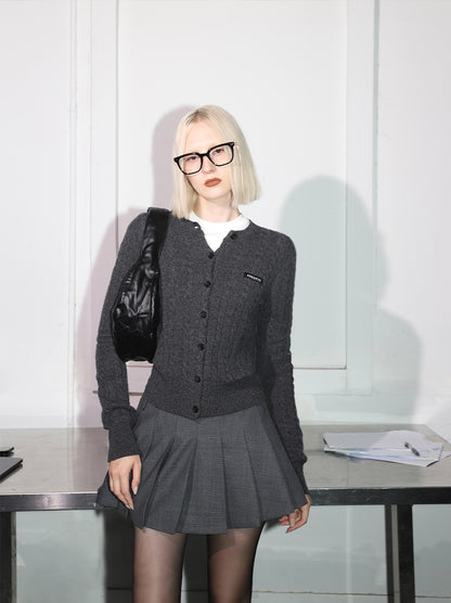 ANNAKIKI furry crew neck slim sheep knitted cardigan sweater-RIN