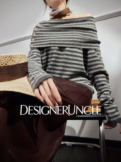 DGU| Dark gray knitted striped slanted shoulder buttons loose design pullover top - Joseph.