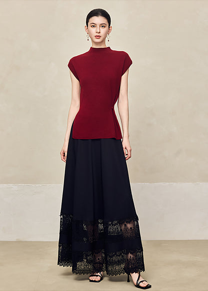 HECO Waist Side Buckle Stand Collar Knitted Short Sleeve Top- BLOOD.