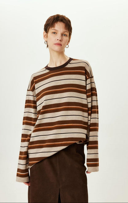 PIAOIN stripe design neutral loose long sleeve T-shirt silk wool knitwear spring-CIX