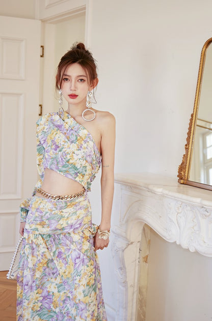 DOLLY Luxury French Style Floral One Sleeve Off Shoulder Waist Baring Slit Resort Dress-LYRA