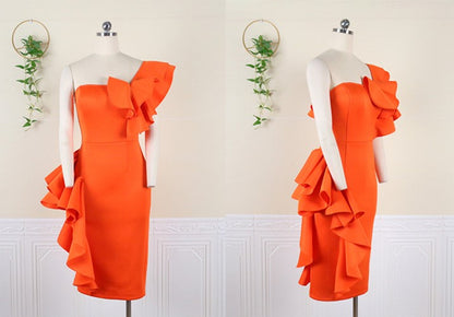 DOLLY Elegant Off Shoulder Ruffle Slim Fit Midi Wedding Guest Dress-JADE