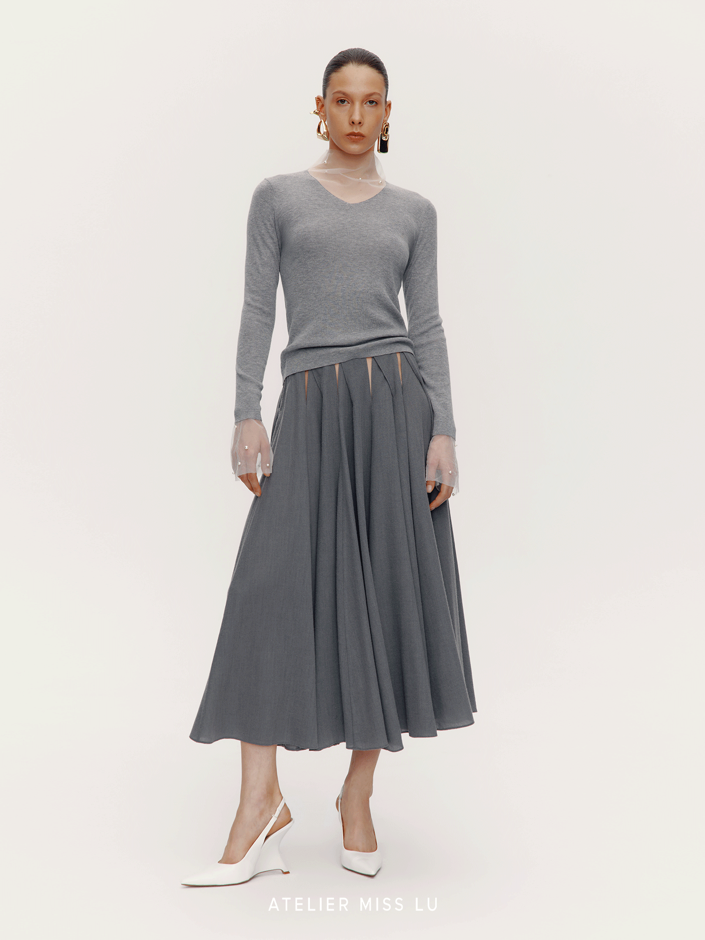 ATELIER MISS LU Fall/Winter pearl-embellished gauze patchwork knitted top - SADE.