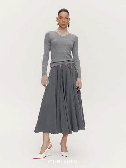 ATELIER MISS LU Fall/Winter pearl-embellished gauze patchwork knitted top - SADE.